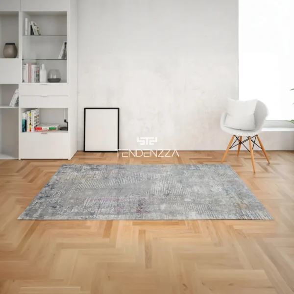 Tapete Bosforo S665D greypurple, una alfombra moderna para el estudio en forma rectangular de 2.30 mts de largo por 1.60 mts de ancho, base en tono gris claro con diseño de manchas y líneas purpuras, azul, beige y dorado. Alfombra importada de Turquía. Alfombras y tapetes en Bucaramanga