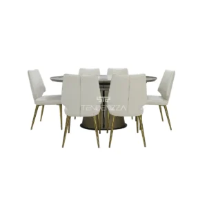 Comedor Extensible de 4 a 6 puestos, comedor moderno con mesa ovalada ampliable, seis sillas con patas metálicas color dorado y tapizado en tela textura suave color vainilla. Comedor importado, mesa extensible, comedores en Bucaramanga